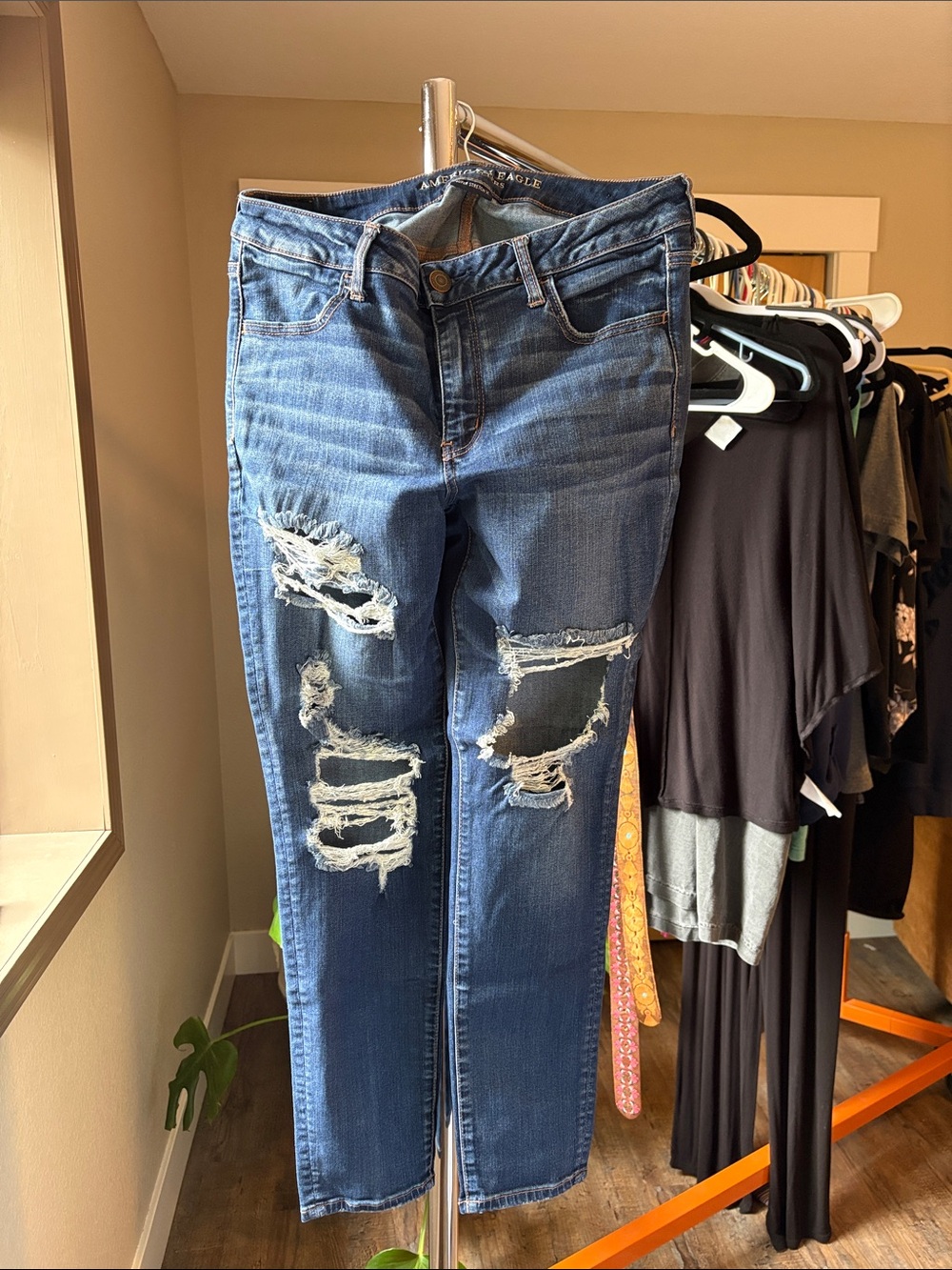 American Eagle Outfitters Women's Ripped High-Rise Skinny Jeans (jeggings)- Blue